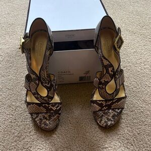 Coach Brown and Cream Snake-Print Leather Heels with Gold Buckle
